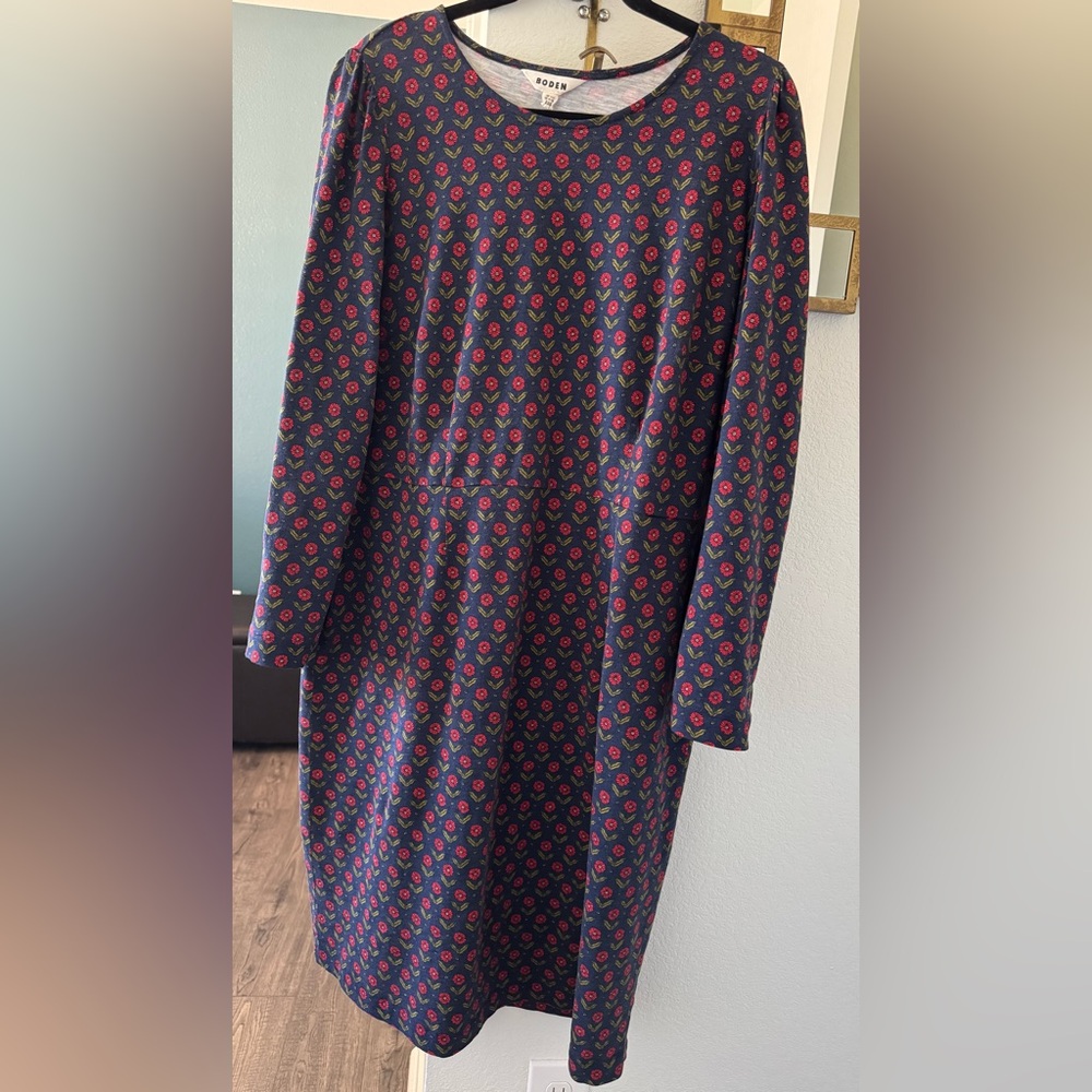 Boden Navy Dress with Red Floral Pattern